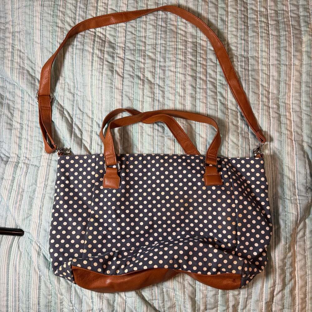GA Logo Navy and White Polka Dot Canvas Tote Bag with Brown Leather-Look Trim